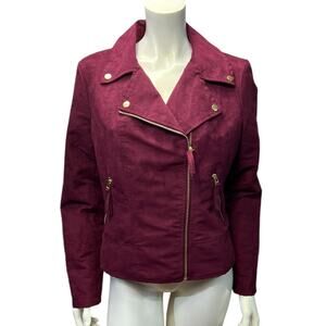 Madison Jules Wine Faux Suede Moto Jacket Gold Hardware Size Large